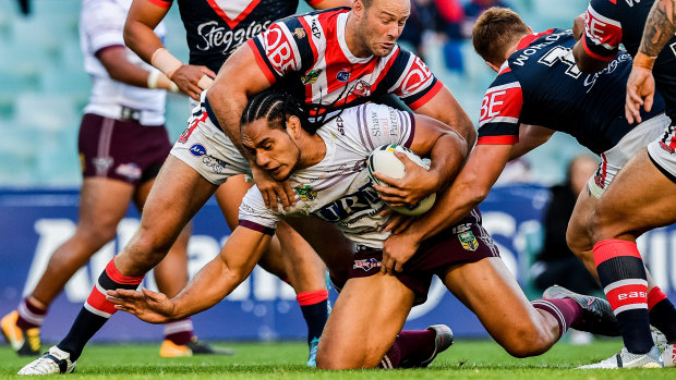 Giving his all: Martin Taupau has remained a colossus in the Manly forward line despite the Sea Eagles' faltering form.