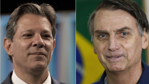 Fernando Haddad, left, has accused Jair Bolsonaro, right, defaming him via fake news.