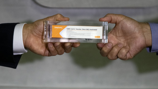 A box of an experimental COVID-19 vaccine that is being tested in Brazil in partnership with China's pharmaceutical company Sinovac.
