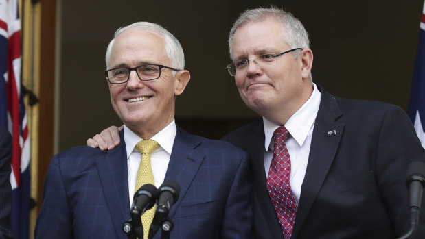 Former Liberal leader Malcolm Turnbull with Prime Minister Scott Morrison.  