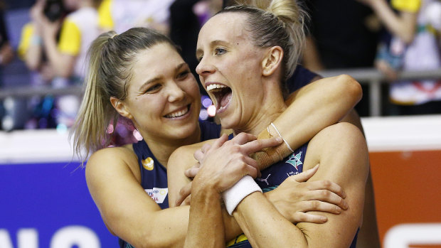 Kate Moloney (left) and Renae Ingles celebrate victory for the Vixens.
