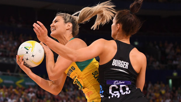Getting the right balance: Australia's Gretel Tippett under pressure from Karin Burger during the Constellation Cup international Test between Australia and New Zealand.