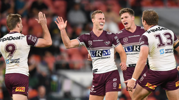 Daly Cherry-Evans lands the match-winning field goal for Manly on Friday night. 