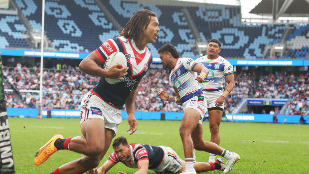 Dom Young scores for the Roosters on Sunday.