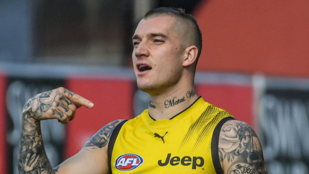 Dustin Martin at training on Wednesday. The Tigers star has been managing a leg injury.