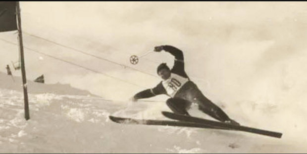 Frank Prihoda competing in alpine skiing in the 1956 Winter Olympics.