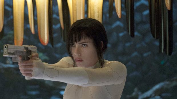 Scarlett Johansson appears in a scene from Ghost in the Shell.