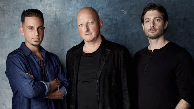 Wade Robson, from left, director Dan Reed and James Safechuck promote the film Leaving Neverland at the Sundance Film Festival.