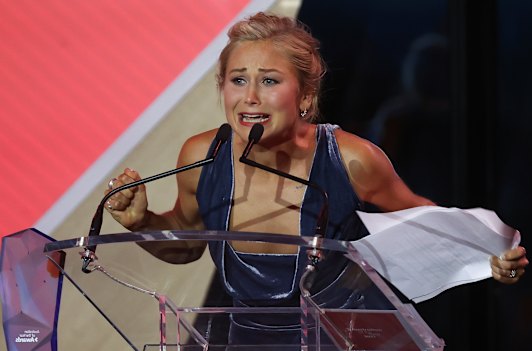 Grace Tame during her emotional speech after being named Australian of the Year in 2021.