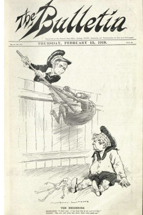 The Spanish flu border stoush between Victoria and NSW was captured in an illustration by Norman Lindsay on the cover of the February 13, 1919 edition of The Bulletin.
