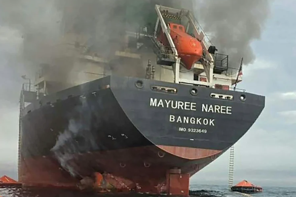 A Thai-flagged oil cargo vessel hit in the Strait of Hormuz.
