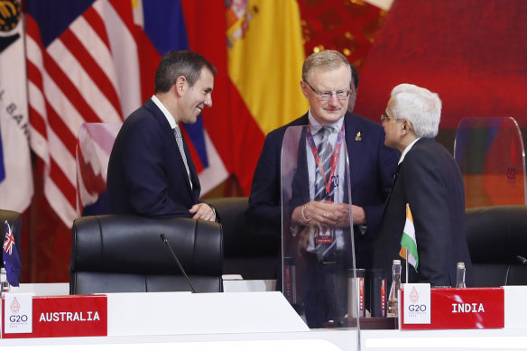 Treasurer Jim Chalmers with RBA governor Philip Lowe and Reserve Bank of India governor Shaktikanta Das in Bali at the weekend meeting of G20 nations.