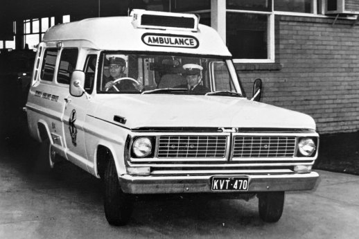 Lance Simmons in 1973, in the passenger seat on his first week on the job at Peninsula ambulance station in Frankston.