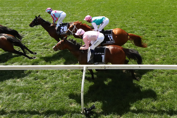 Jockey Hugh Bowman (in pink) on-board Anthony Van Dyck in the Melbourne Cup.