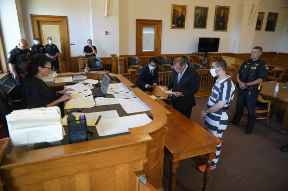 Hadi Matar in court with his public defence attorney Nathaniel Barone.