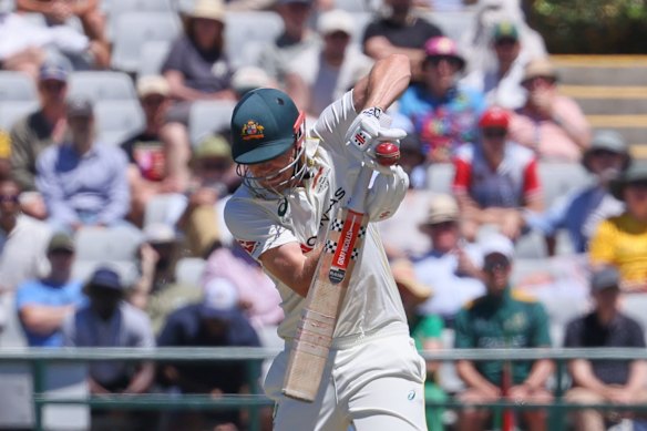 Australia’s Cameron Green struck by the ball on day two.