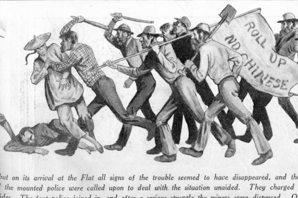 A Sydney newspaper's 1935 depiction of an 1860 riot at Lambing Flat.