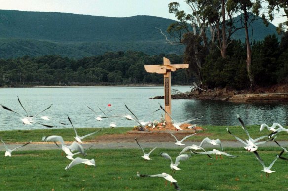 The Port Arthur memorial cross, commemorating victims of the massacre, pictured in 1998.