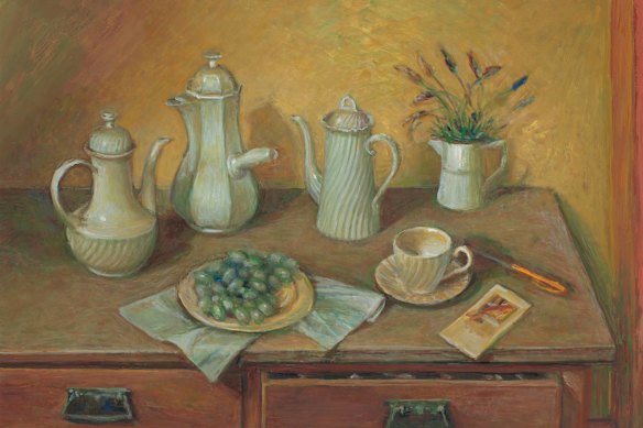 Margaret Olley’s Coffee Pots, a 1991 oil on board, is in the exhibition at Philip Bacon Galleries, priced at $85,000.