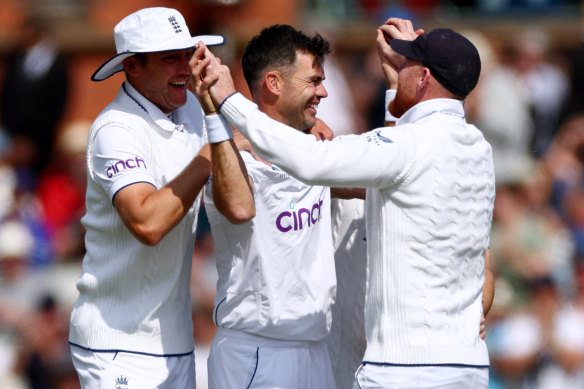 James Anderson celebrates a rare wicket in this Ashes series.