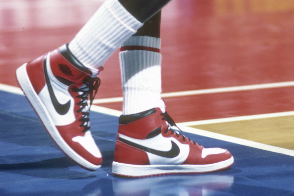 Michael Jordan wearing Nike Air Jordan 1 shoes in the mid-1980s.