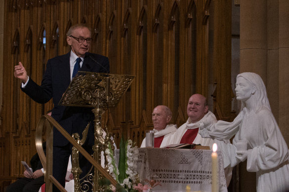 Former NSW Premier Bob Carr speaks at the funeral service for his wife Helena Carr at St Mary’s Cathedral.