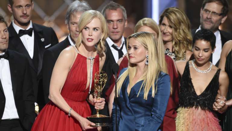 Nicole Kidman, left, and Reese Witherspoon accept the award for outstanding limited series for "Big Little Lies" at the 69th Primetime Emmy Awards last year.