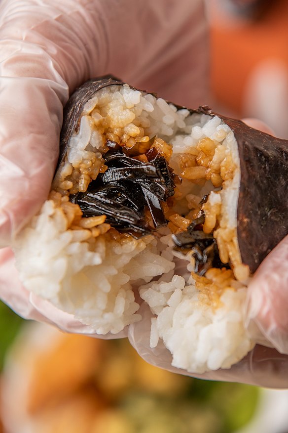 Onigiri filled with soy-marinated seaweed.