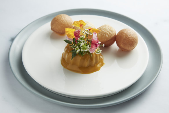 Chicken liver parfait with phuchka (pani puri) and mango saffron gastrique.