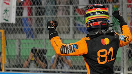 Oscar Piastri celebrates his win.