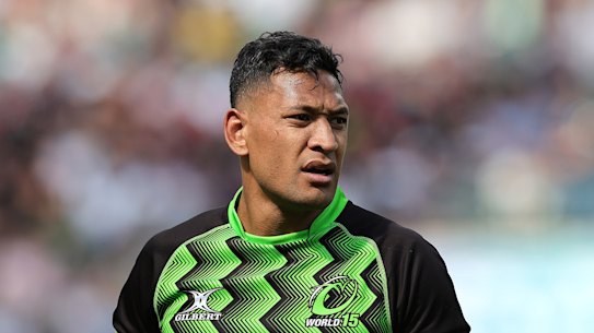Israel Folau playing for a World XV against the Barbarians in 2023.