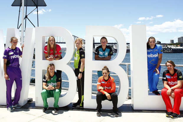 WBBL players pose for a photograph during the Women's Big Bash League launch in 2016.