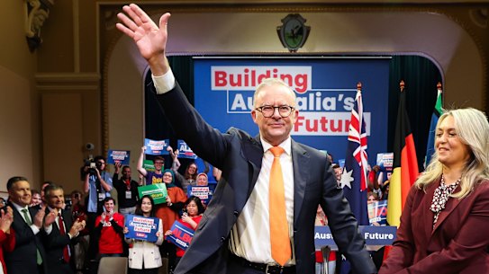 Prime Minister Anthony Albanese and Jodie Haydon during the Building Australia’s Future rally at the Parramatta Town Hall.