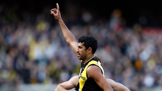 Marlion Pickett during his debut AFL game – the 2019 AFL grand final. He's come a long way from playing for a prison footy team in Perth.