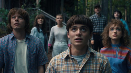 The gang’s all here: Jonathan Byers (Charlie Heaton), Joyce Byers (Winona Ryder), Eleven (Millie Bobby Brown), Will Byers (Noah Schnapp), Jim Hopper (David Harbour), Nancy Wheeler (Natalia Dyer), and Mike Wheeler (Finn Wolfhard) in season four.
