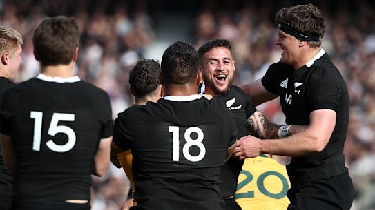 TJ Perenara celebrates for the All Blacks.