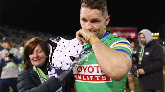 Emotions get the better of Jarrod Croker as he embraces him mum after his 300th game.