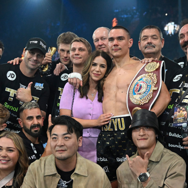 Tszyu v Ocampo at the Gold Coast Convention Centre in 2023. Mark Gambin gives the thumbs-up after victory.