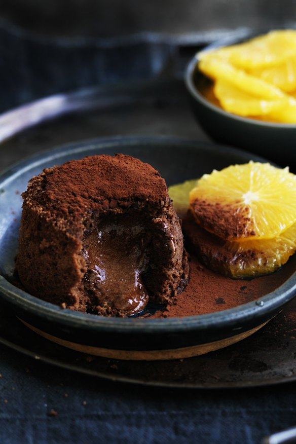 Neil Perry’s chocolate fondant cake with Grand Marnier poached oranges.
