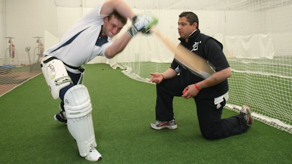 Batting guru: Neil D'Costa working with a young Phillip Hughes in 2007.