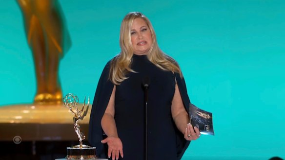 Jennifer Coolidge presents the award for outstanding lead actor in a comedy series during the Emmy Awards.