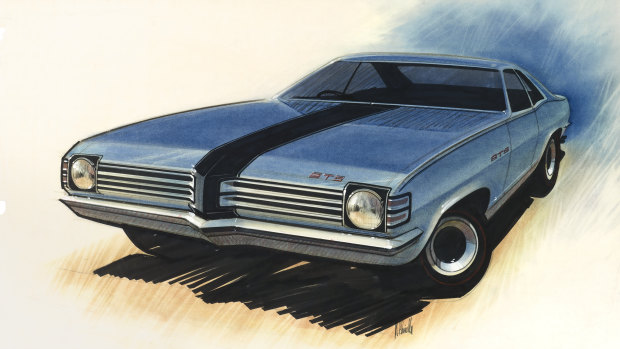 John Schinella, HK Monaro, possibly, c. 1967; digital print of chalk and coloured ink.
