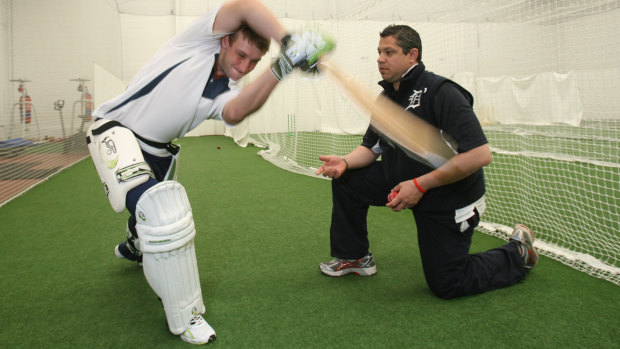 Batting guru: Neil D'Costa working with a young Phillip Hughes in 2007.