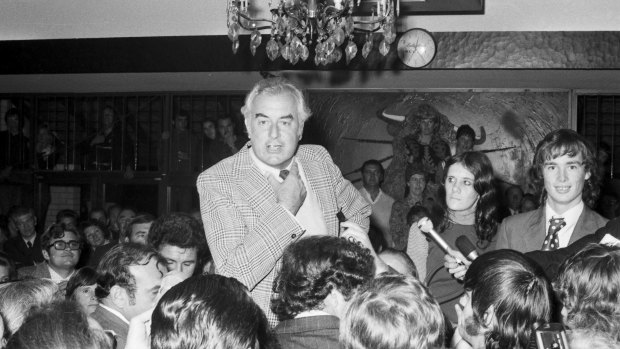 Prime Minister Gough Whitlam speaks to supporters in Warwick Farm after his election win.