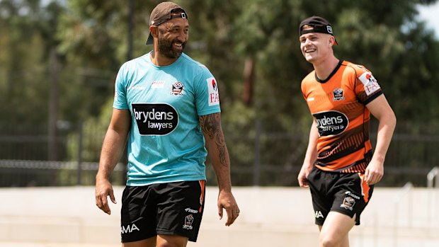 Tigers youngster Lachlan Galvin with Benji Marshall.