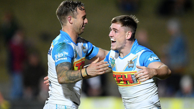 Rising star: AJ Brimson, right, is congratulated by Kane Elgey after scoring a try.