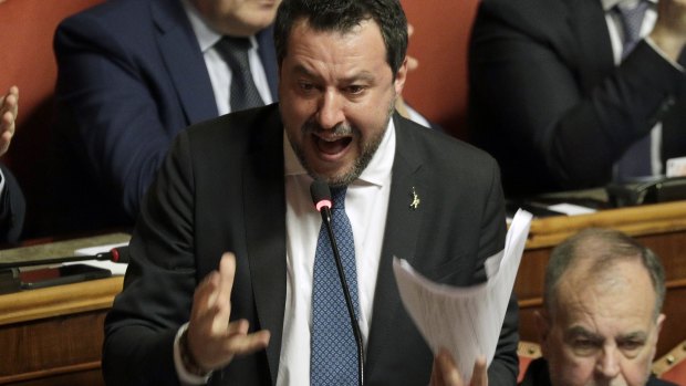 Opposition populist leader Matteo Salvini speaks at the end of the debate at the Italian Senate on whether to allow him to be prosecuted. He asked to have his immunity lifted.