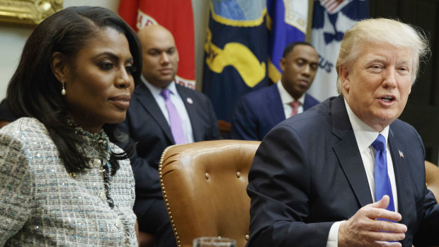 Omarosa Manigault Newman attends a meeting with President Donald Trump on African American History Month in the Roosevelt Room of the White House in February.