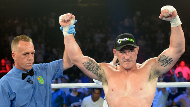 Quick work: Paul Gallen celebrates after his win over John Hopoate.