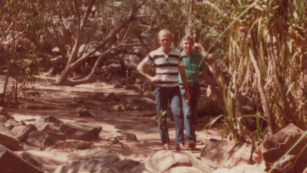 Ken Shadie with Paul Hogan in Kakadu. They were looking for film locations for Crocodile Dundee.